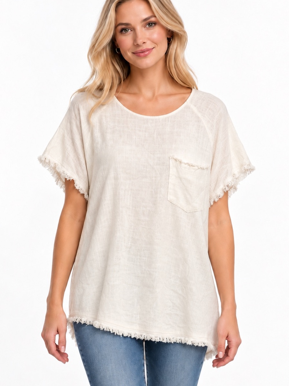 Umgee Linen Size Small Frayed Hem Short Sleeve Pocket Top Oversized White